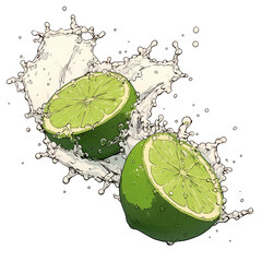 Poster - Fresh lime halves splash in water, creating dynamic and refreshing scene. vibrant green color and motion convey sense of energy and zest