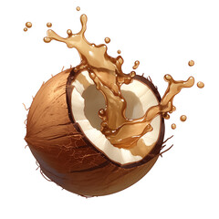 Poster - coconut with water splashing out is isolated on white background, capturing dynamic and refreshing moment. image highlights natural texture and vibrant energy of coconut