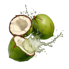 Aufkleber - Fresh green coconuts with water splashing, isolated on white background, showcasing tropical refreshment and natural hydration