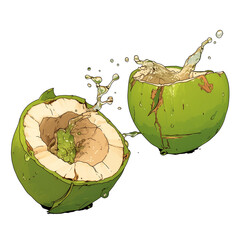 Aufkleber - Fresh green coconut split open with water splashing out, isolated on white background, capturing refreshing and tropical vibe