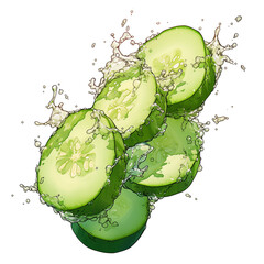 Aufkleber - Slices of fresh cucumber splashing in water, isolated on white background, creating refreshing and vibrant scene