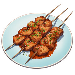Poster - Curry lamb kebabs on white plate, garnished with herbs, isolated on white background. skewers are arranged neatly, showcasing juicy, flavorful meat