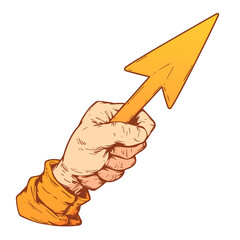 Poster - hand holding stylized orange arrow cursor, isolated on white background, with cartoonish and playful design