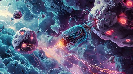 Wall Mural - A futuristic spaceship, encased in glass, hurtles through a vibrant, chaotic nebula, dodging asteroid-like formations.