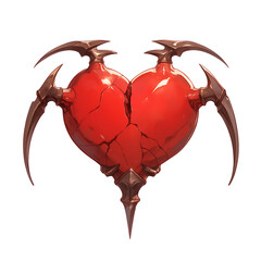 Poster - cracked red heart with sharp metallic spikes, symbolizing mix of love and danger, isolated on white background. heart glossy surface contrasts with menacing spikes, creating striking visual
