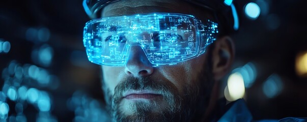 Aufkleber - Futuristic miner in an underground tunnel, using a neon blue holographic interface to access critical data for precise and efficient resource extraction