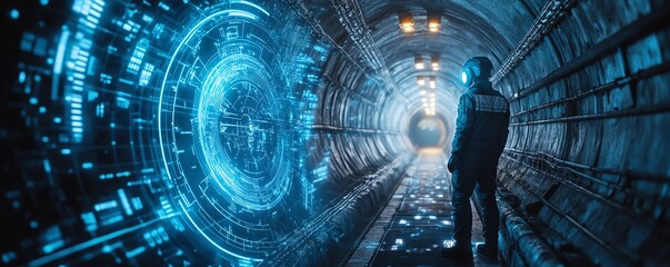 Aufkleber - Futuristic miner in an underground tunnel, using a neon blue holographic interface to access critical data for precise and efficient resource extraction