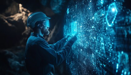 Aufkleber - Futuristic mining scene with a miner using a neon blue holographic interface underground, accessing complex data for optimized resource extraction in a hightech environment