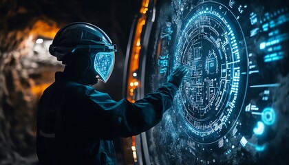 Aufkleber - Futuristic mining scene with a miner using a neon blue holographic interface underground, accessing complex data for optimized resource extraction in a hightech environment