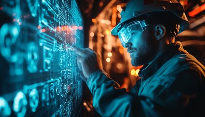 Aufkleber - Futuristic mining scene with a miner using a neon blue holographic interface underground, accessing complex data for optimized resource extraction in a hightech environment