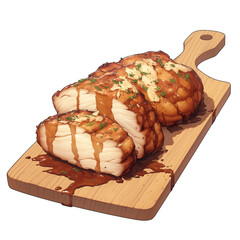 Poster - Savory garlic parmesan chicken on wooden cutting board, garnished with herbs and drizzled with sauce, isolated on white background. Perfect for delicious meal