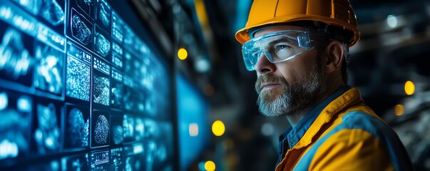 Aufkleber - Miner operating a futuristic neon blue holographic interface underground, extracting valuable resources with precision using advanced technology in a hightech mining environment