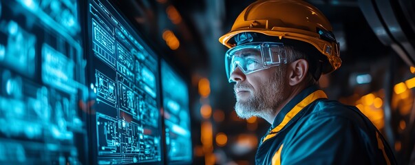 Aufkleber - Miner operating a futuristic neon blue holographic interface underground, extracting valuable resources with precision using advanced technology in a hightech mining environment