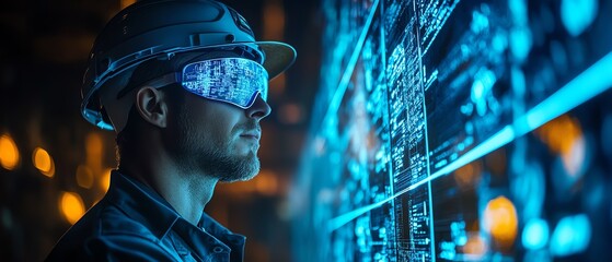 Aufkleber - Miner using a neon blue holographic interface underground, accessing data for precise resource extraction in a hightech futuristic mining environment