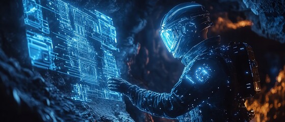 Aufkleber - Miner using a neon blue holographic interface underground, accessing data for precise resource extraction in a hightech futuristic mining environment