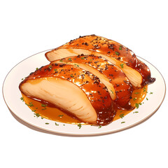 Poster - Slices of glazed turkey breast with honey dijon sauce on white plate, garnished with herbs, isolated on white background. dish looks appetizing and ready to serve