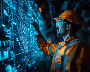 Aufkleber - Underground miner interacting with a neon blue holographic display, analyzing data for effective resource extraction in a futuristic mining operation