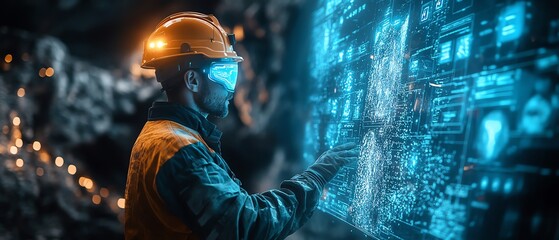 Aufkleber - Underground miner working with a neon blue holographic interface, displaying realtime data for precise resource extraction in an advanced mining facility