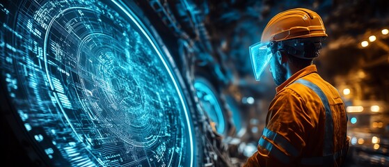 Aufkleber - Underground miner working with a neon blue holographic interface, displaying realtime data for precise resource extraction in an advanced mining facility