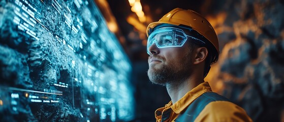 Aufkleber - Underground miner working with a neon blue holographic interface, displaying realtime data for precise resource extraction in an advanced mining facility