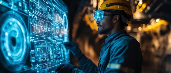 Aufkleber - Underground miner working with a neon blue holographic interface, displaying realtime data for precise resource extraction in an advanced mining facility