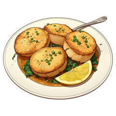 Poster - Lemon butter scallops on white plate garnished with herbs and lemon wedge. dish looks delicious and inviting, perfect for gourmet meal
