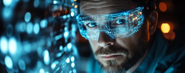 Aufkleber - Closeup of a miner in a hightech underground mine, utilizing a neon blue holographic interface for realtime data and precise resource extraction