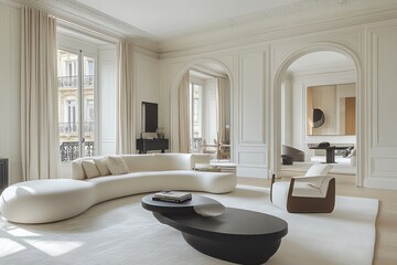 Aufkleber - Elegant, modern living room with curved sofa, coffee table, and arched doorways, showcasing a minimalist interior design style.