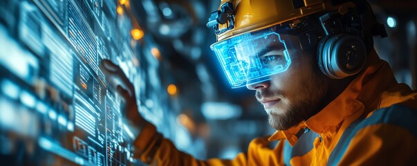 Aufkleber - Closeup of a miner in a hightech underground mine, utilizing a neon blue holographic interface for realtime data and precise resource extraction