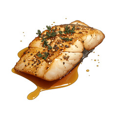 Poster - Grilled tilapia fillet with lemon pepper seasoning and fresh herbs on white background. fish is garnished with thyme and drizzled with savory sauce, creating delicious and appetizing presentation