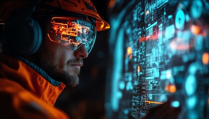 Aufkleber - Closeup of a miner using a glowing neon blue holographic interface underground, accessing detailed data for efficient resource extraction in a futuristic mining scenario