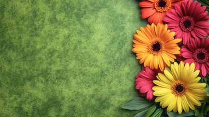 Poster - A vibrant array of flowers in shades of pink, orange, and yellow flourish on a green meadow, creating a lively atmosphere. Generative AI