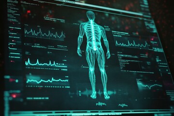 Fototapete - A digital interface shows a patient's medical history, DNA analysis, and various test results for health assessment. Generative AI