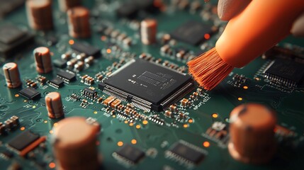 Poster - Detailed close up of a computer hardware specialist meticulously assembling a circuit board with cinematic lighting and moody atmosphere evoking the aesthetic of 1940s film noir