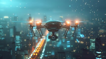 Poster - Professional drone hovering over a futuristic city with flashing lights at night, showcasing the advancements in urban aerial technology and surveillance