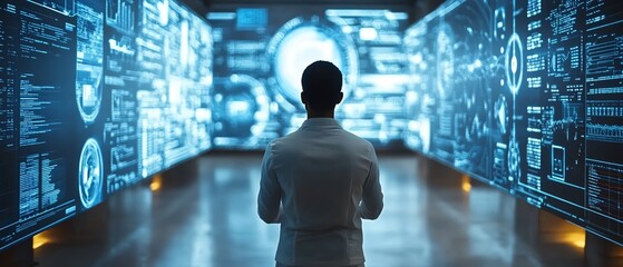 Poster - Focused American IT specialist analyzing detailed data on a futuristic digital screen, immersed in the world of technology and innovation in a sleek office space