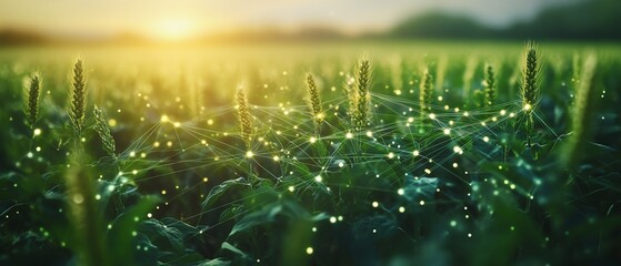 Leinwandbilder - Green crops in a field with visible digital AI data lines linking them, symbolizing the power of AI in optimizing agriculture and boosting crop yields through precision farming