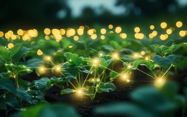 Poster - Green plants in a field connected with glowing digital AI data lines, symbolizing the integration of artificial intelligence in precision agriculture and sustainable farming