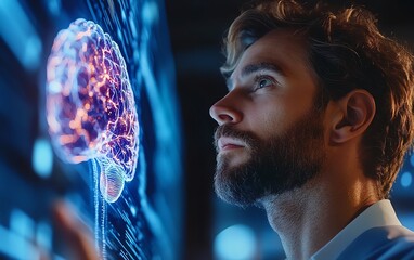 Aufkleber - Man engaging with a digital brain interface, symbolizing the powerful connection between human intelligence and AI in a sleek, futuristic tech environment
