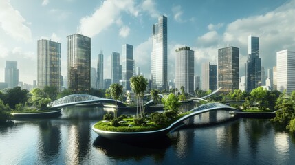 Poster - A futuristic floating cityscape with sustainable architecture and renewable energy sources, Urban planning innovation style, photo of