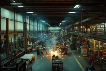 Aufkleber - In a large workshop, workers are focused on welding tasks, creating bright sparks as they operate heavy machinery throughout the day. Generative AI