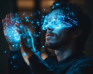 Aufkleber - Man interacting with a holographic digital brain interface, demonstrating the integration of human cognition and AI in an advanced futuristic world