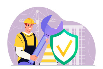 Man with safety workplace. Young guy in uniform with wrench. Construction and building. Repairman and handyman. Caution and and prevention. Flat vector illustration