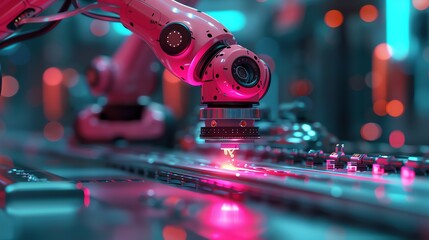 Aufkleber - Close-up of a robotic arm performing precision laser work on a circuit board in a futuristic factory setting.