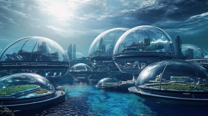 Poster - A futuristic underwater city with transparent domes and sustainable aquaculture systems, Marine habitat style, photo of