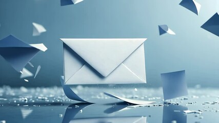 Poster - An envelope is flying through the air with pieces of paper scattered around it. Concept of chaos and disarray, as if the envelope has been torn apart and its contents have been scattered everywhere