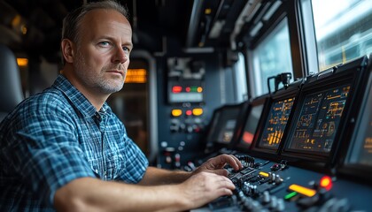 Poster - Focused railway operations manager operating a hightech control panel, utilizing advanced software to monitor and manage transportation systems in a cuttingedge environment