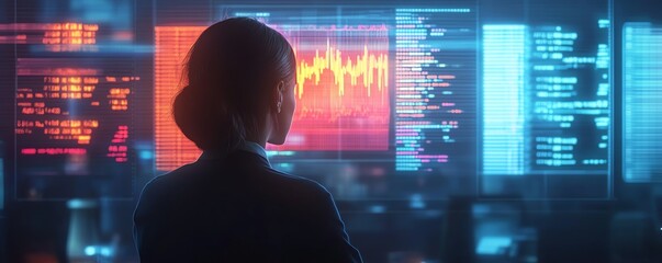 Aufkleber - Professional businesswoman using a holographic stock market graph, highlighting innovation, data analysis, and the future of financial strategies in a futuristic office setting
