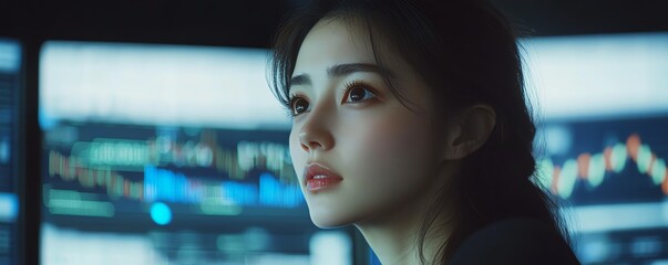 Aufkleber - Professional businesswoman using a holographic stock market graph, highlighting innovation, data analysis, and the future of financial strategies in a futuristic office setting