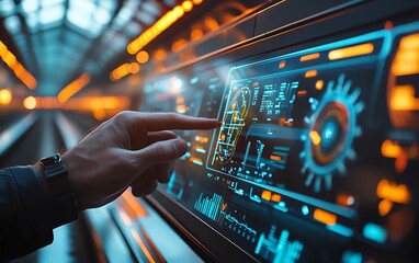 Poster - Railway operations manager interacting with a hightech control panel, utilizing advanced software to efficiently manage transportation systems in a modern command center